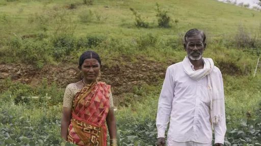 Farming couple standing in their vegetable field