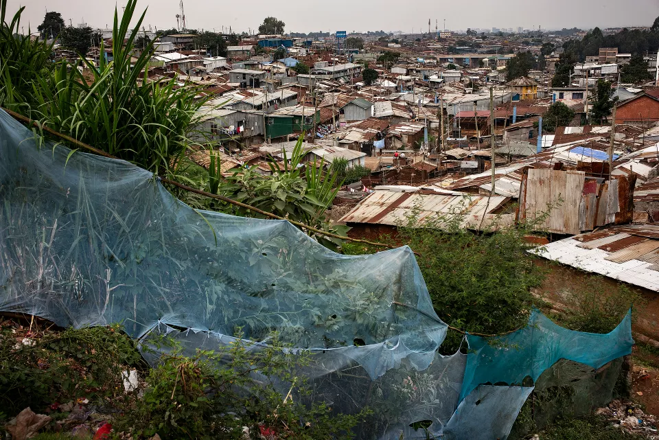 Aerial view of a dense informal settlement with corrugated metal roofs