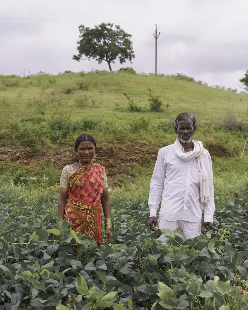 Farming couple standing in their vegetable field