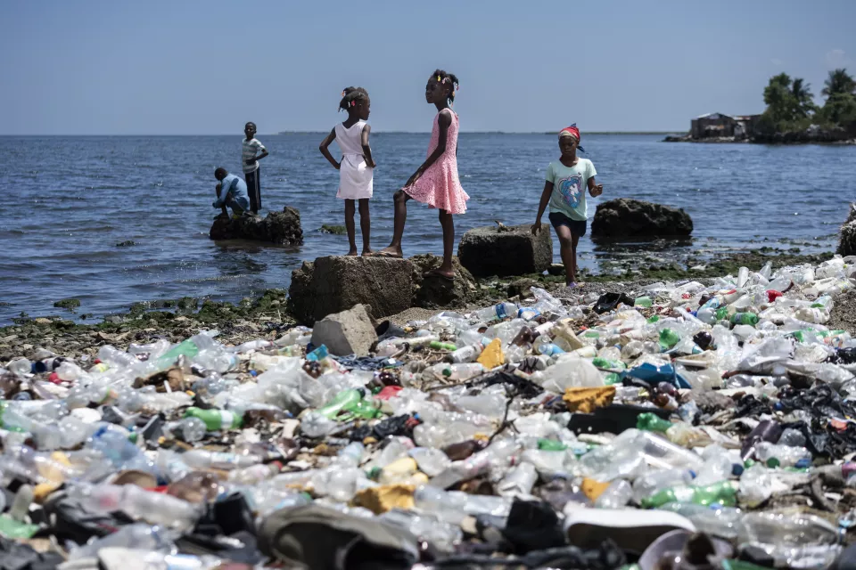 Four children standing on coastal rocks at low tide