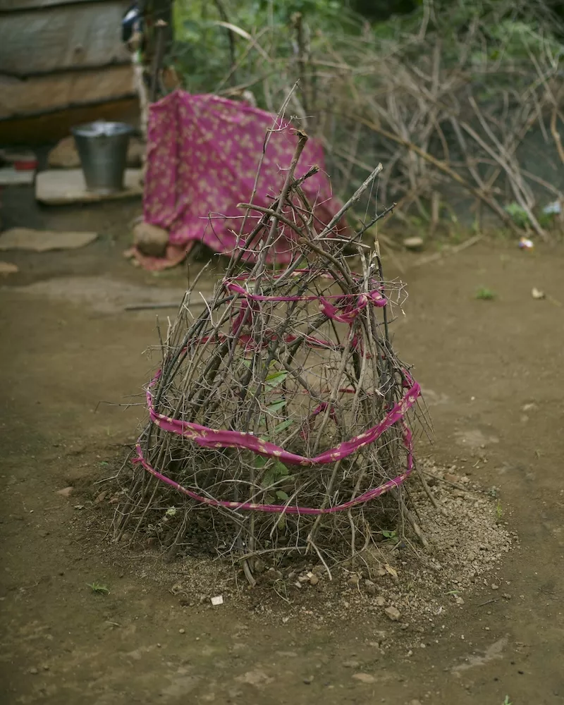 Conical structure made of dry branches wrapped with pink ribbons