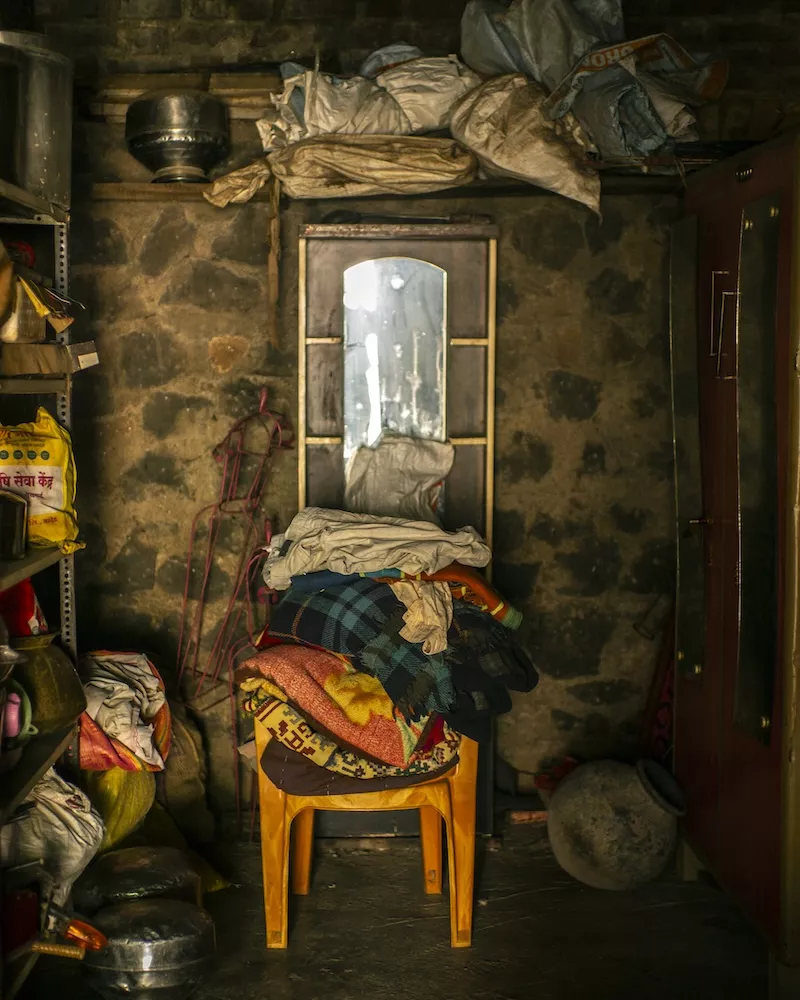 Modest interior with mirror hanging on wall