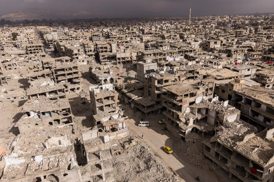 Aerial view of the destroyed city