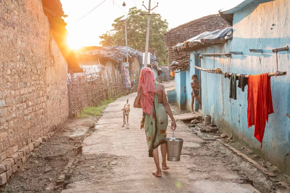 A woman carrying a metal bucket walks down a sunlit village lane toward a dog, while a child watches from a blue doorway.